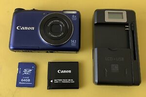 New ListingCanon PowerShot A2200 HD Digital Camera Blue W/ Charger, Battery, & 64gb SD Card