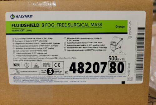 *300-Pieces* Halyard FluidShield ASTM Level 3 Fog-Free Surgical Face Mask 48207