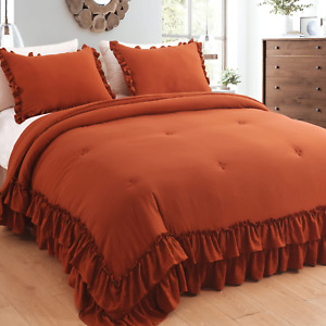 Ruffled Comforter King Size, Shabby Burnt Orange Chic Farmhouse Bedding-3 Pieces