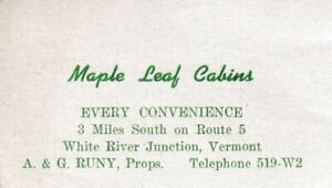 1950s Business Trade Card Maple Leaf Cabins Whtie River Junction Vermont VT