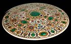 Round White Marble Dining Table Top Malachite Stone Inlay Work Reception Table