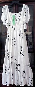 NWT Anthropologie Kindred Maxi Dress Embroidery Smocked On Off Shoulder S,M,L,XL