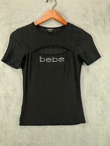 bebe Swarovski Crystal Logo Tops Womens Small Black Honeycomb Rhinestone Cutout