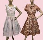 LOT-2) VTG 1950s DRESSES *PINK PETITE ROSES Dirndl Bodice & AUTUMN FLOWER PRINT*