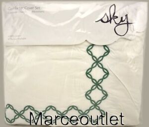 New ListingSky Embroidered Percale 5 PIECE KING Duvet Cover  & Shams White / Green