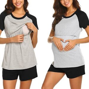 Women Maternity Short Sleeve Nursing Tops+Pants Breastfeeding Pajamas 2Pcs Set