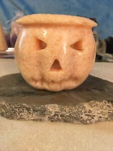 Hand Carved Rare Sunstone Jack-o-lantern Pumpkin Crystal Candle Holder 358g