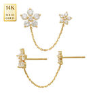 14K REAL Solid Gold Two Flower Cubic Zirconia ear Lobe Chain Post Stud Earring