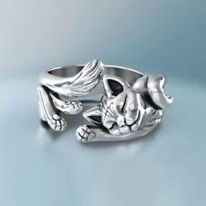 Stretching Cat Cute Ring,  Silver Animal, Pet Lover Ring Adjustable Size