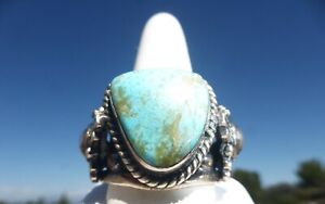 LARGE NATIVE AMERICAN STERLING SILVER TURQUOISE HOPI ZIA DESIGN RING SIZE 12
