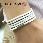 Men's Women's Silver Stainless Steel Magnetic Clasp Braided Leather Bracelet New