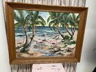 Large antique florida Oil Painting Pink Flamingos Tropical 1950-1960