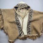 Milmarte Wool Blanket Poncho Womens Grey Beige Aztec Southwester Mexican Hooded
