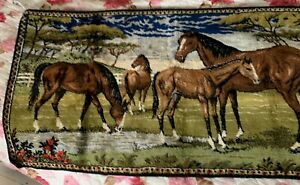 Vintage Velvet Tapestry Hanging Wall Art Brown Horses 37