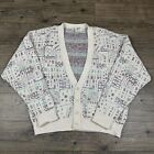 Vintage London Fog Cardigan Sweater Mens XL White Button Up Chunky Knit Abstract