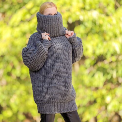 SUPERTANYA gray thick wool sweater extra long turtleneck handknit jumper L-XL