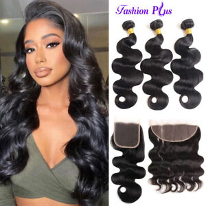 10A Human Hair Body Wave Bundles with Lace Closure 13*4 Lace Frontal Remy Hair