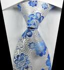 Hot Classic Floral White Blue JACQUARD WOVEN 100% Silk Men's Tie Necktie