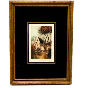 Vintage Miniature Matted & Framed Painting English Farmhouse Signed C. Barday
