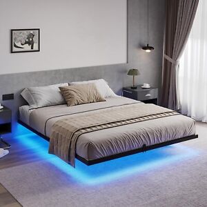 Floating Bed Frame Queen Size with LED Lights,  Modern Metal Platform Bed Frame
