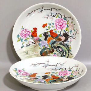 New ListingA Pair Fine Chinese Hand Painting Famille Rose Porcelain Flowers Cock Plate