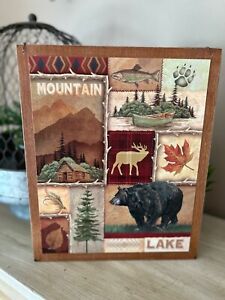Mountain lake bear deer cabin rustic nature wildlife home decor wooden sign