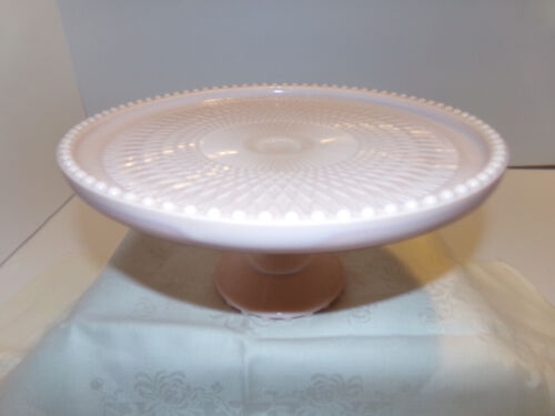Jeannette Shell Pink Milk Glass Pedestal Cake Plate Beaded Edge 10