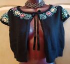 Angora blend Fuzzy Vintage Beaded Cropped Cardigan Sweater Black M Tie Front