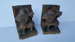 Black Forest Or ANRI Carved Wood Whimsical Gnomes Prop Up Books - Bookends!