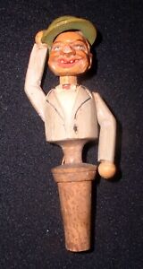 Vintage  Mechanical Carved & Cork Wine Bottle Stopper Man Tips Hat & Bows Head