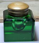 Vintage Emerald Green Square Inkwell  with Hinged Metal Top Hand Blown Cut Glass