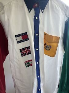 VINTAGE Tommy Hilfiger Shirt White Lotus Castrol Racing Patches 90s