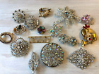 15Pc Vintage Rhinestone Brooch Lot Some Prong Set Some Signed Gold & Silver Tone