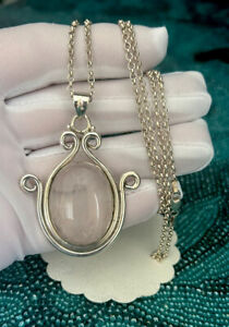 Vintage Sterling Silver Rose Quartz Pendant 26”chain Necklace