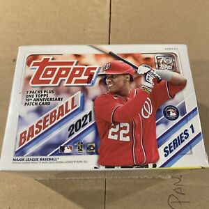 Factory Sealed 7 Pack Blaster Box 2021 Topps Series 1 Baseball Cards with Patch