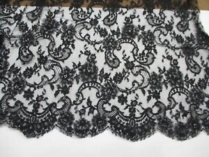 French Chantilly Lace Black Floral Design Vintage 1970's 32