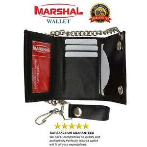 Marshal Genuine Leather Men's Trifold Wallet with Chain Biker Trucker Black