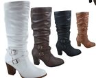 Women's Buckle Zip Chunky High Heel Mid Calf Knee High Boots Shoes 5 - 10 NEW