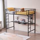 Twin Size Loft Bed with Computer Desk Metal Bedframe w/ Ladder Guardrail