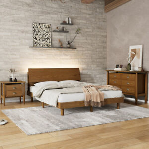 Queen Size Bedroom Sets Platform Bed Frames w/ Bookshelf Nightstand and Dresser