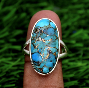 Blue Copper Turquoise Ring 925 Sterling Silver Band Handmade Jewelry YTT032