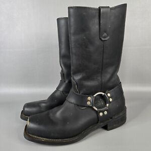 Vintage Harness Leather Boots Black Pull On Biker Vibram Size 10 D Made In USA