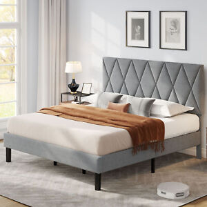Upholstered Platform Bed Frame King Size With Headboard and Wooden Slats Support