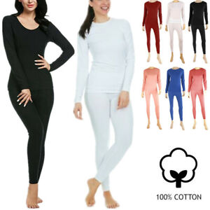 Womens 100% Cotton Thermal Long Johns Underwear Top & Bottom 2PC Set Waffle Knit