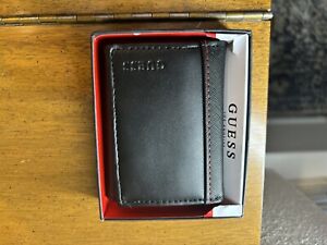 New GUESS Men's Black Trifold Slim Leather Wallet Logo Red Stitching