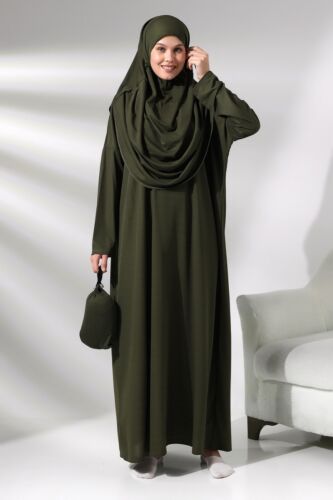 Muslim Women Prayer Dress, Prayer Abaya with Bag, One-Piece Long Dress Khaki