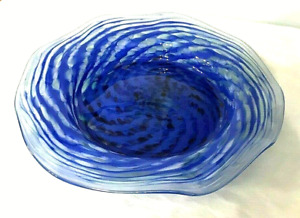 Hand Blown Glass Bowl Cobalt and White Swirl Pilchuck Style 1980s
