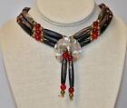 Antique Buffalo Horn HAIRPIPE CHOKER Braided Sinew Necklace w/ Abalone Disc