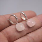 Real 925 Sterling Silver With Cushion Rose Quartz Dangle Earrings