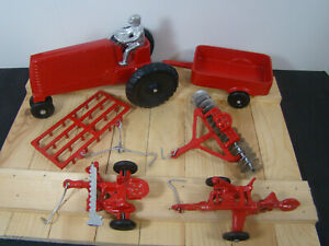 Vintage Slik Toys Aluminum RED Farm Tractor COMPLETE SET - Lansing Iowa. MINT!!